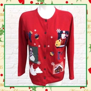 Vintage Red Christmas Snowman Santa Claus Embroidery Appliquéd Sweater
